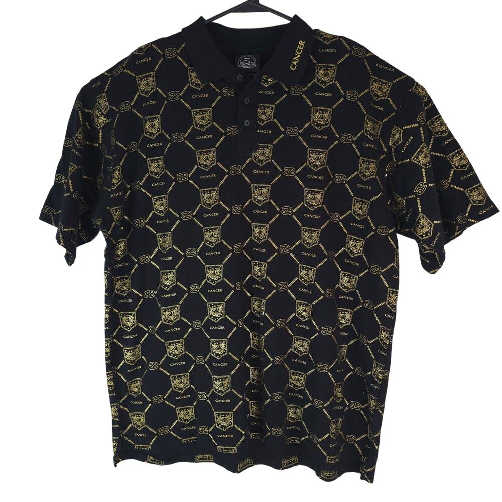 Vtg Soulland Polo Shirt Men XL Black Gold Cancer Zodiac Astrology Celestial Y2K‎